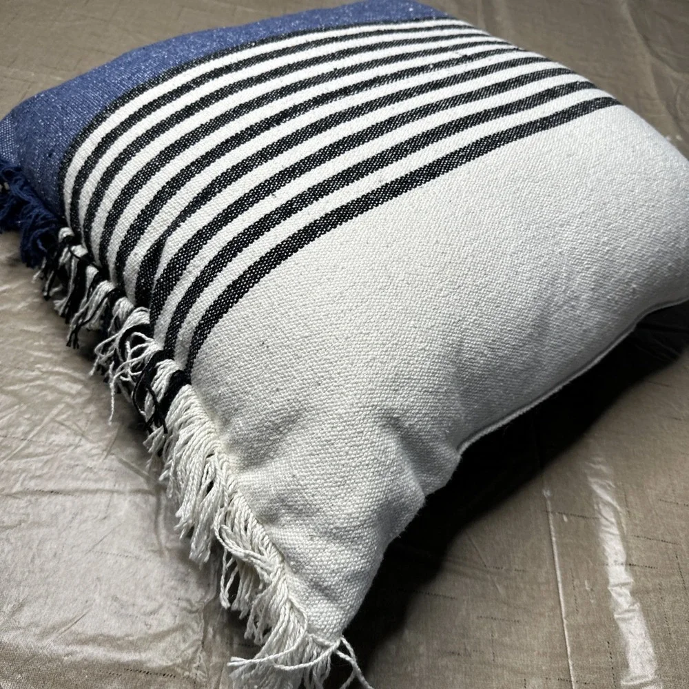 Blue Black Cream Striped Fringe Throw Pillow 20